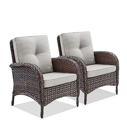 Patio Club Chair Wicker Chairs - Outdoor High Back Chair Set of 2 Patio Furniture Set Rattan Seating with Removable Cushions for Porch Balcony Deck Pool Sunroom Light Brown/Beige