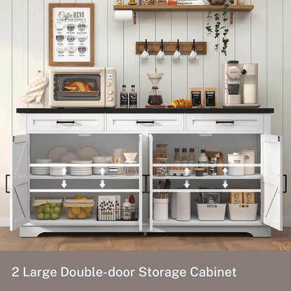 61” Large Sideboard Buffet Cabinet with 4 Doors and 3 Drawers, Farmhouse Buffet Table, Dining Room Storage Cabinet for Kitchen or Living Room, White