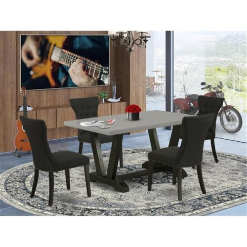 5-Piece Wood Dining Set, Rectangular Cement-Finish Table, Black Linen Upholstered Chairs, Solid Wood Frame, Button-Tufted Chair Back, Decorative Nail Heads, Modern Dining Room Furniture