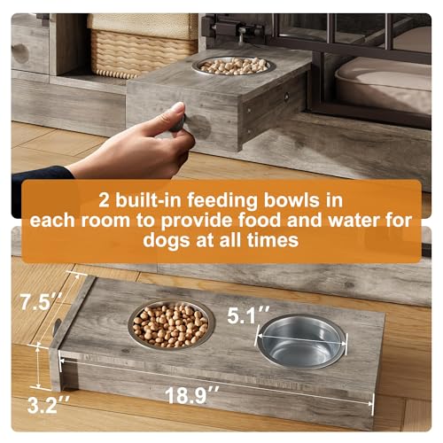 Dog Crate Furniture for 2 Dogs, Dog Kennel Indoor with Storage and Feeding Bowls, view 6