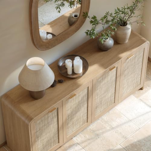 67" Rattan Sideboard Buffet Cabinet with Storage, Natural Oak, view 6