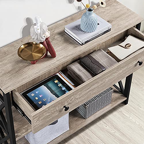 Yaheetech Console Table with Power Outlets and USB Ports, Wooden Entryway Table with Drawer and Open Shelves, Narrow Sofa Tables with Metal Frame for Living Room, Couch, Hallway, Grey
