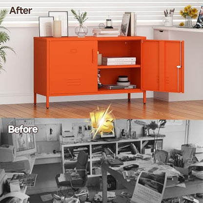 25.2" H Metal Locker Storage Cabinet with 2 Locks, Steel Low Lockerable Orange TV Stand with Adjustable Shelves, 2 Door Metal Accent Buffet Cabinet for Bathroom Kitchen Living Room Office