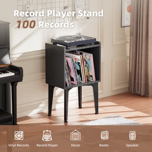 Record Player Stand, Vinyl Record Storage Table, Small Space Record Player Organizer Shelf, Turntable Stand Holds up to 100 Albums, for Bedroom Living Room, Black