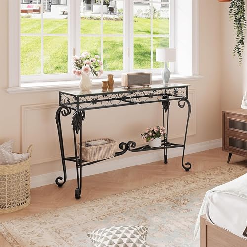 Console Table 47.2", Tempered Glass Sofa Tables, Vintage Entryway Table with Metal Frame, Console Tables for Living Room, Entrance, Foyer, Adjustable Feet (Black)
