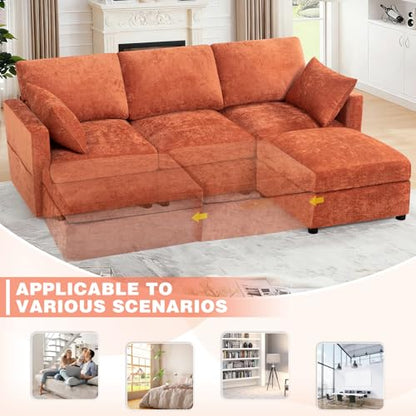84” Chenille 3-Seats Sofa W/Movable Ottoman, Orange | Modern Fabric L-Shaped Couch w/Soft Backrests, Upholstered Sectional Sofa w/Arm Pillows for Living Room