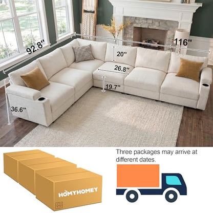 Sectional Couches for Living Room FSC Certified Velvet Modular Couch Oversized Cloud U Shaped Convertible Sleeper Sofa Chaise Detachable Armrest Cushion (Chenille Beige, L Shape 6 Seat)