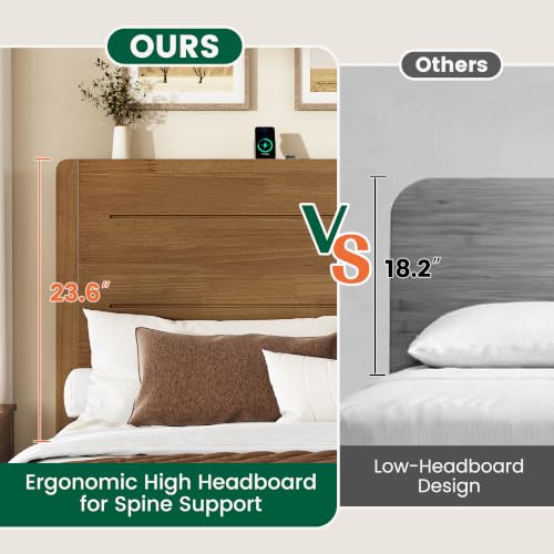 Queen Size Wood Platform Bed Frame with Mid-Century Modern Tall Headboard, view 4