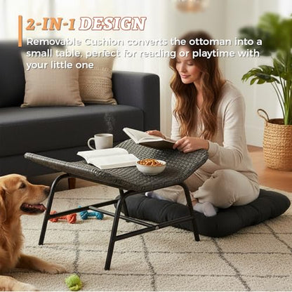 Indoor Outdoor Ottoman Set of 2, Large Wide Double Patio Footstool, PE Rattan Thicken Cushioned Footrest, All-Weather Wicker Furniture for Balcony, Porch, Living Room, Egg Chair, Grey