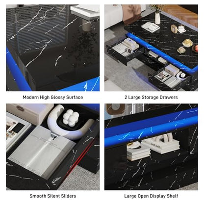 47.2 Inch Modern High Glossy LED Coffee Table with 2 Sliding Drawers, Double-Layer Center Tables with LED Lights for Livings Room Furniture, Black