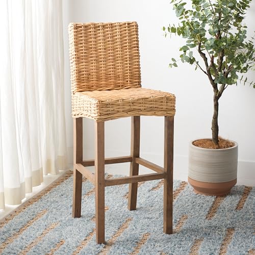 SAFAVIEH Furniture - Tobie Rattan Bar Stool - 29.53" Seat Height - Natural & Golden Brown - Mango Wood - Coastal Rattan-Seat Design - Ideal for Kitchen, Dining Room - Fully Assembled (BST6500A)