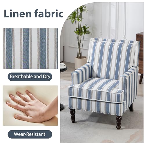 Accent Chair, Comfy Cozy Modern Mid-Century Accent Chairs, Linen Upholstered Lounge Arm Chair with Solid Wood Reading Side Padded Single for Living Room/Office/Balcony/Bedroom-Blue Stripe