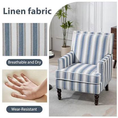 Accent Chair, Comfy Cozy Modern Mid-Century Accent Chairs, Linen Upholstered Lounge Arm Chair with Solid Wood Reading Side Padded Single for Living Room/Office/Balcony/Bedroom-Blue Stripe