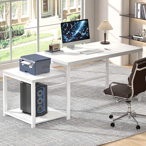 Large White Computer Desk, Home Office Desk with Printer Space & PC Tower Stand, view 2