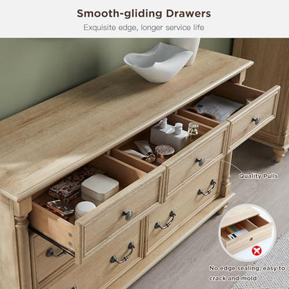 Farmhouse 7-Drawer Dresser with Solid Wood Feet, Natural Oak, view 6