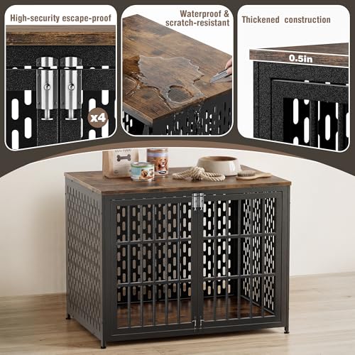 Dog Crate Furniture 42in, Heavy Duty End Table with Perforated Steel Chew-Proof Panels, Escape-Proof Indoor Dog Kennel for Large Dogs (60-90 lbs) Waterproof & Scratch-Resistant