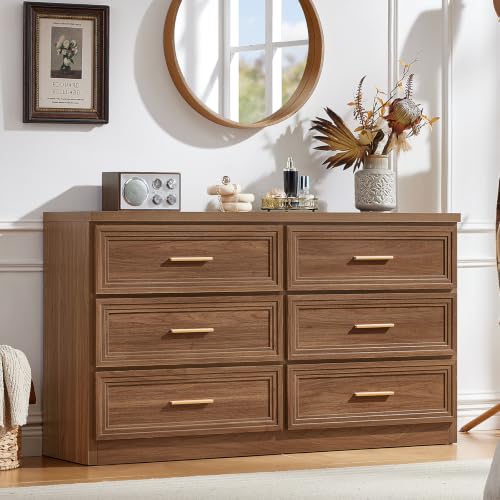 55.1" Wide Farmhouse 6 Drawers Dresser for Bedroom, Light Walnut, view 2