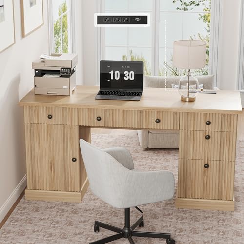 60" Office Desk with Storage & Drawers. Fluted Wood Computer Desk with Power Outlet & Adjustable Shelves.Modern Executive Desk for Home Office/Bedroom/Gaming-Burlywood