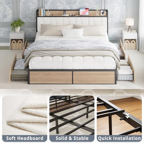 King Size Bed Frame with 4 Storage Drawers and Charged Headboard, view 6