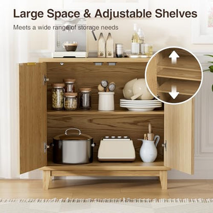 Fluted Cabinet with Storage, 2 Doors Sideboard Buffet, Mid Century Modern Accent Cabinet with Adjustable Shelves, Multifunctional Console Table with Storage for Living Room, Kitchen, Entryway