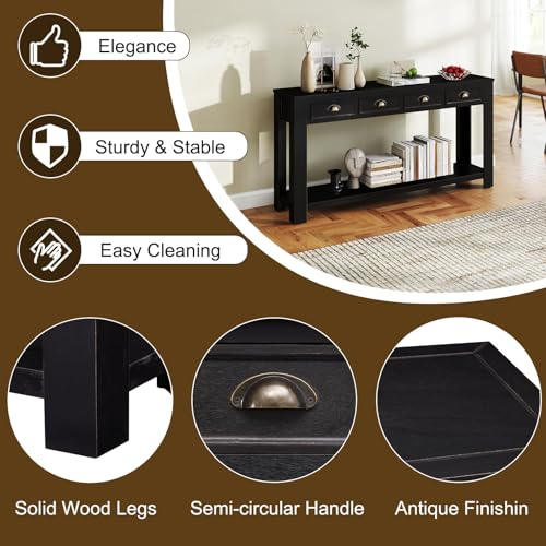Long Sofa Table - Black 60 Inch Console Tables for Living Room, Hallway Table with 4 Drawers, Modern Wood Entryway Table with Storge Shelf