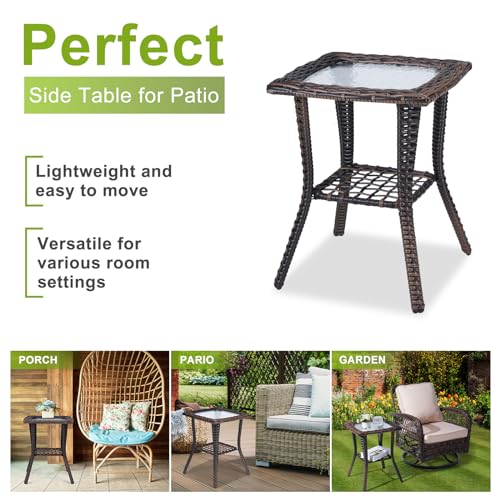 Rattan Outdoor Side Table with Glass Top & Storage Shelf | Small patio end coffee table, versatile furniture for porch, backyard, balcony and indoor living room
