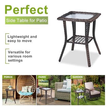 Rattan Outdoor Side Table with Glass Top & Storage Shelf | Small patio end coffee table, versatile furniture for porch, backyard, balcony and indoor living room
