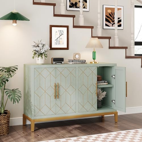 48" Accent Cabinet with 4 Doors and Shelves, Modern Credenza Storage Cabinet with Gold Trim, Green Buffet Cabinet for Living Room, Kitchen, Dining Room, Hallway