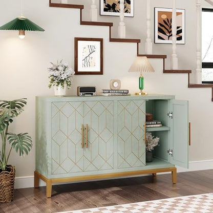 48" Accent Cabinet with 4 Doors and Shelves, Modern Credenza Storage Cabinet with Gold Trim, Green Buffet Cabinet for Living Room, Kitchen, Dining Room, Hallway