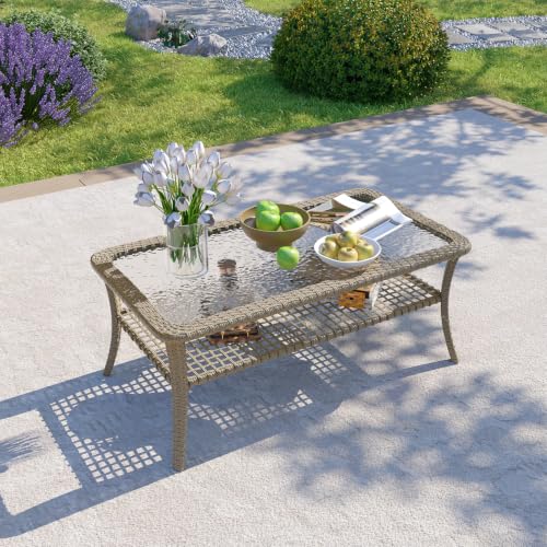 Outdoor Coffee Table with Storage Wicker Patio Coffee Table, All-Weather Tempered Glass Top Coffee Table for Patio Furniture Set for Balcony, Garden, Deck, Backyard, Black