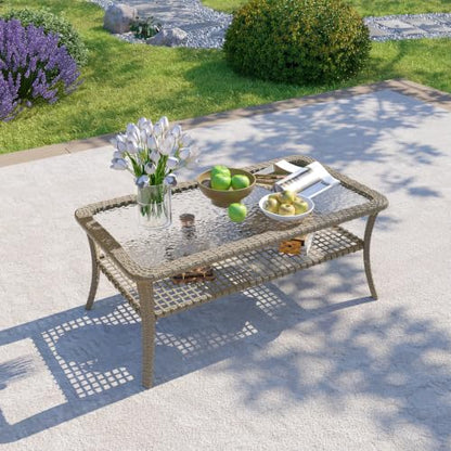 Outdoor Coffee Table with Storage Wicker Patio Coffee Table, All-Weather Tempered Glass Top Coffee Table for Patio Furniture Set for Balcony, Garden, Deck, Backyard, Black
