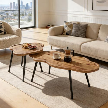 Nesting Coffee Table Set of 2, Solid Wood Coffee Tables with Cloud Tabletop, Stacking Accent Tables with Adjustable Non-Slip Feet for Living Room, Bedroom & Small Space, Rustic Brown