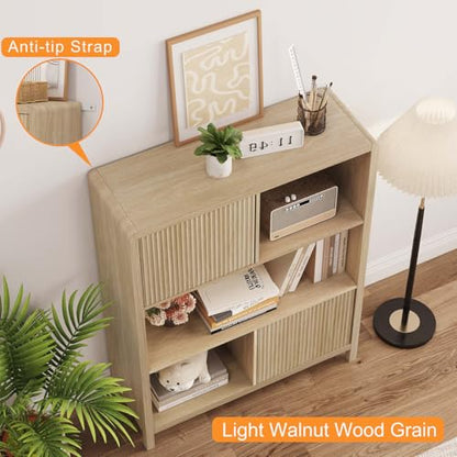 Cube Bookshelf with 2 Doors, Wood Bookcase with Storage, Modern 5 Cubby Book Shelf for Home Office Living Room (Light Walnut)