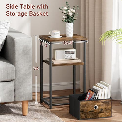 3 Tier Small Side Table with Storage Basket, Living Room End Tables for Small Space, Bedside Nightstand for Bedroom, Sofa Couch, Rustic Brown and Classic Black