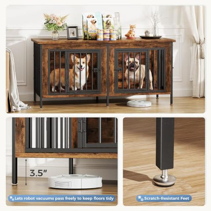 54" Dog Crate Furniture for 2 Dogs with Divider, Brown, view 5