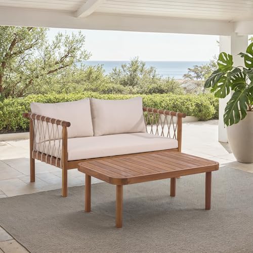 SAFAVIEH Outdoor Patio Furniture Collection - Sabrina Teak Brown & Cream Bench and Table Set, Solid Wood with Rope Detailing, Modern Coastal Style (PAT6810A)