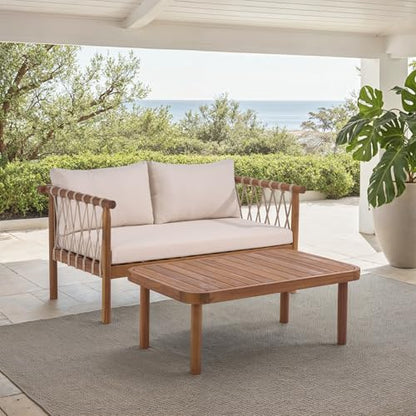 SAFAVIEH Outdoor Patio Furniture Collection - Sabrina Teak Brown & Cream Bench and Table Set, Solid Wood with Rope Detailing, Modern Coastal Style (PAT6810A)