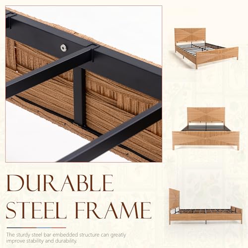 Boho Full Rattan Bed Frame with Headboard and Footboard, Hand Woven PE Wicker Bed, Mid Century Modern Metal Bedframe with Bamboo Style Design, Sturdy Metal Slats, 1000lbs, No Box Spring Needed