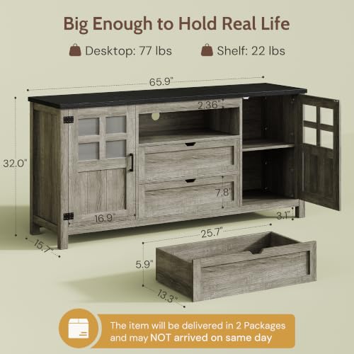 66'' Farmhouse Tv Stand for 55-75 Inch, TV Console with Storage, view 3