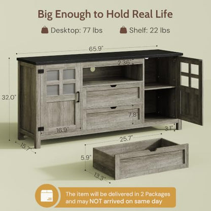 66'' Farmhouse Tv Stand for 55-75 Inch, TV Console with Storage, view 3