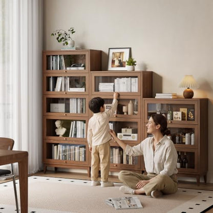5-Tier Solid Wood Bookcase with Glass Doors, mid-Century Tall Bookshelf, view 8
