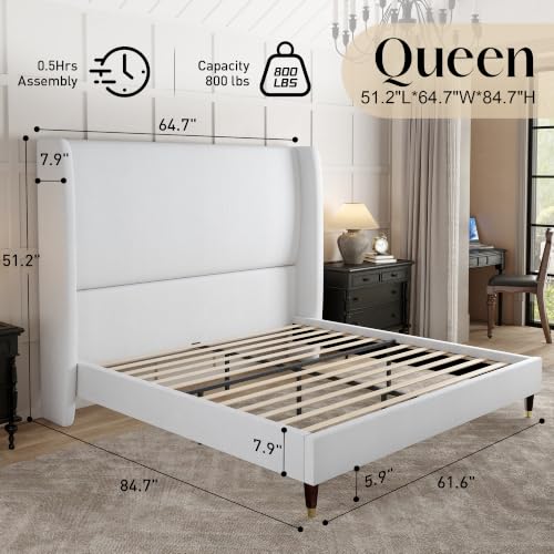 Queen Bed Frame Linen Upholstered 51.2" Tall Headboard, White, view 3