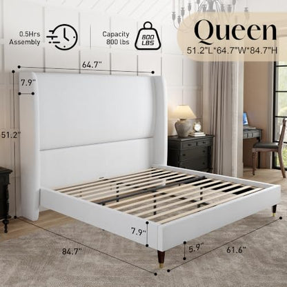 Queen Bed Frame Linen Upholstered 51.2" Tall Headboard, White, view 3