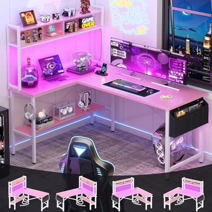 L Shaped Desk Gaming Desk, 59" L Shaped Computer Desk with LED Light & Power Outlet, Reversible Home Office Desk Gamer Desks with Shelves & Storage Bag & Hooks, Corner PC Desk, Pink