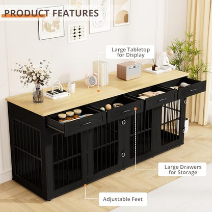 87" Dog Crate Furniture for 2 Dogs, Double Dog Cage Furniture, Black, view 5