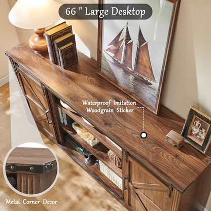 Farmhouse 66"TV Stand for 75+ Inch TV, With 4 Drawers & Sliding Barn Door | 32" Tall Entertainment Center, Rustic Media Console w/Storage Shelves, 66" Wood Television Stand for Living Room, Brown