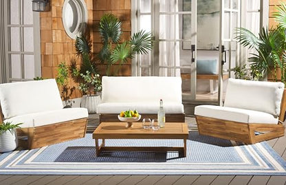 SAFAVIEH Outdoor Patio Furniture - Dune 4-Piece Set - Sand & Beige - Acacia Wood - Modern, Conversation Set with Detachable Cushion Covers - Ideal for Patio, Deck, Porch, Backyard (PAT9515A-KIT3)