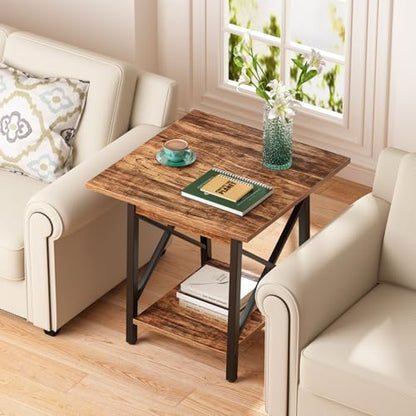 Square End Table 24 Inch with X-Frame 2-Tier Storage | Nightstand for Living Room & Bedroom, Rustic Decor, Sturdy, Waterproof Scratchproof Top, Easy Assembly, Walnut