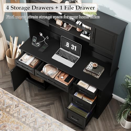 Executive Desk with 5 Drawers, Pure Black, view 6