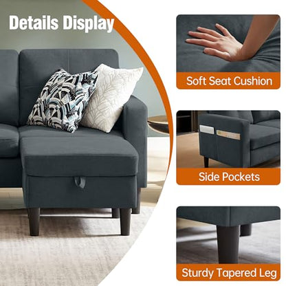 80" Convertible Sectional Sofa Couch with Movable Ottoman, 3 Seats Sectional Sofas L Shaped Couch for Small Spaces, Soft Fabric Couch for Living Room (Dark Grey)